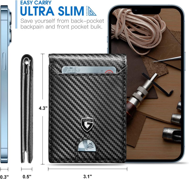 GSOIAX Slim Wallet for Men RFID Blocking Bifold Wallet Carbon Fiber Front Pocket Wallet with 11 Card Holder Minimalist Mens Wallet with Gift Box(Carbon Fiber and Sliver) - Image 3